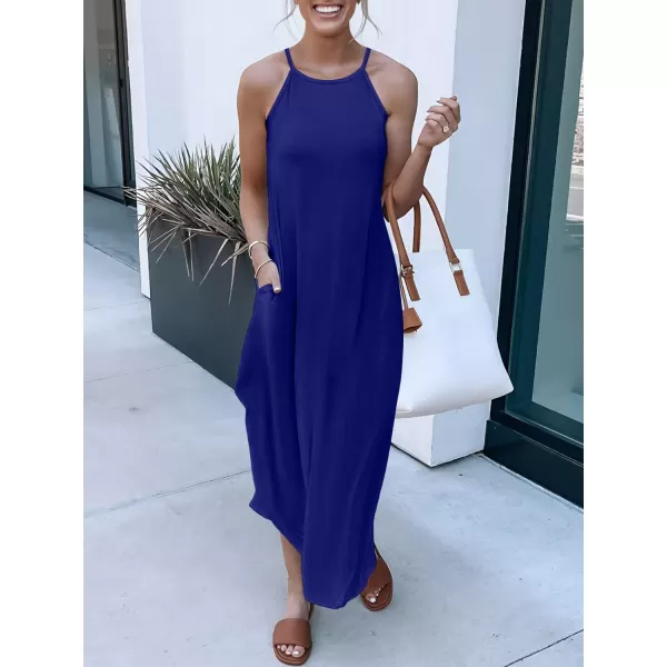 imageANRABESS Womens Summer Casual Halter Neck Sundress Sleeveless Split Maxi Long Beach Dress with PocketsRoyal Blue