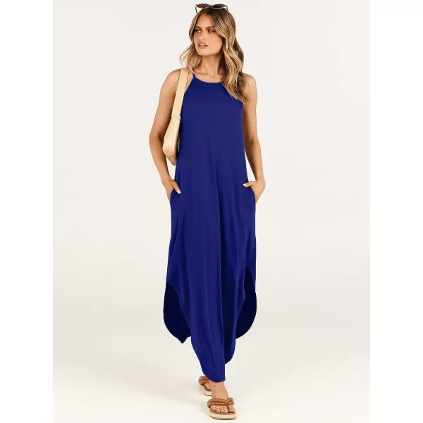 imageANRABESS Womens Summer Casual Halter Neck Sundress Sleeveless Split Maxi Long Beach Dress with PocketsRoyal Blue