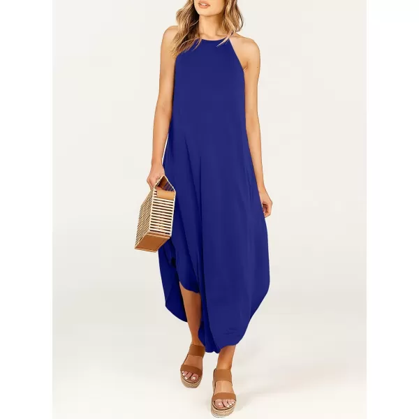 imageANRABESS Womens Summer Casual Halter Neck Sundress Sleeveless Split Maxi Long Beach Dress with PocketsRoyal Blue