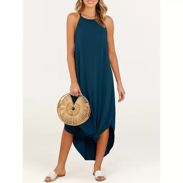 imageANRABESS Womens Summer Casual Halter Neck Sundress Sleeveless Split Maxi Long Beach Dress with PocketsTeal Blue