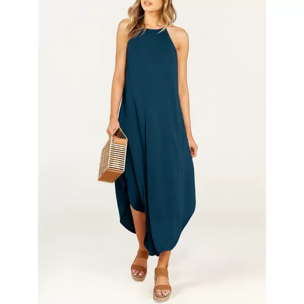 imageANRABESS Womens Summer Casual Halter Neck Sundress Sleeveless Split Maxi Long Beach Dress with PocketsTeal Blue