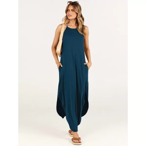imageANRABESS Womens Summer Casual Halter Neck Sundress Sleeveless Split Maxi Long Beach Dress with PocketsTeal Blue