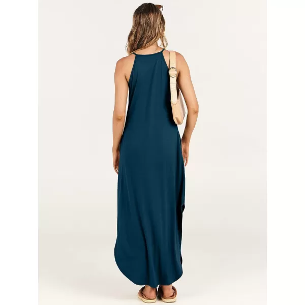 imageANRABESS Womens Summer Casual Halter Neck Sundress Sleeveless Split Maxi Long Beach Dress with PocketsTeal Blue