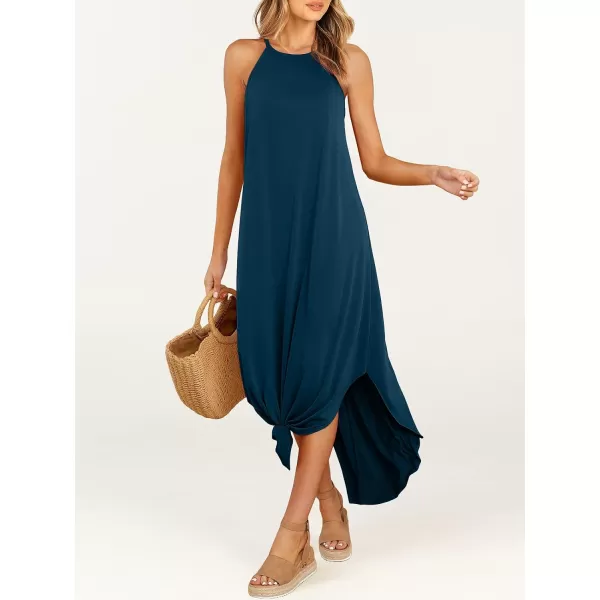 imageANRABESS Womens Summer Casual Halter Neck Sundress Sleeveless Split Maxi Long Beach Dress with PocketsTeal Blue