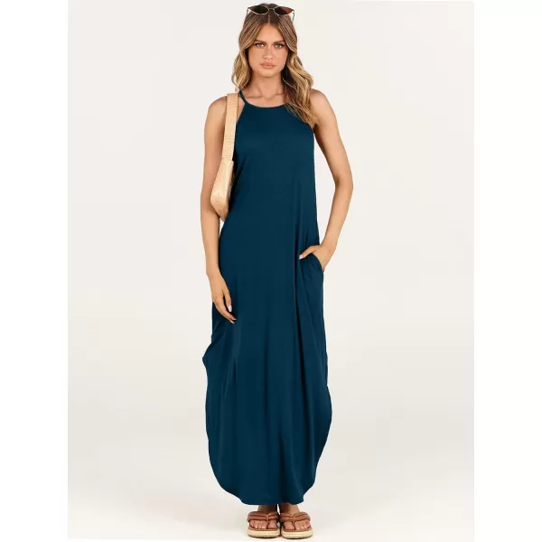 imageANRABESS Womens Summer Casual Halter Neck Sundress Sleeveless Split Maxi Long Beach Dress with PocketsTeal Blue