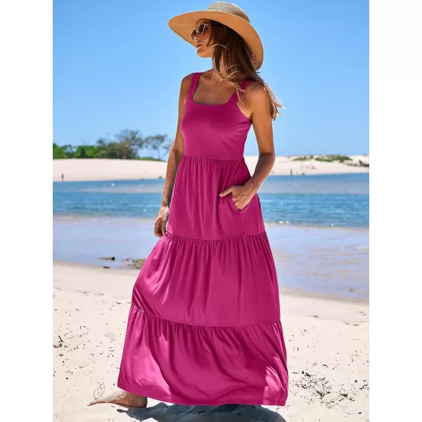 imageANRABESS Womens Summer Casual Long Maxi Beach Vacation Dresses Sleeveless Square Neck Flowy Tiered Sun Dress with PocketsRose Pink