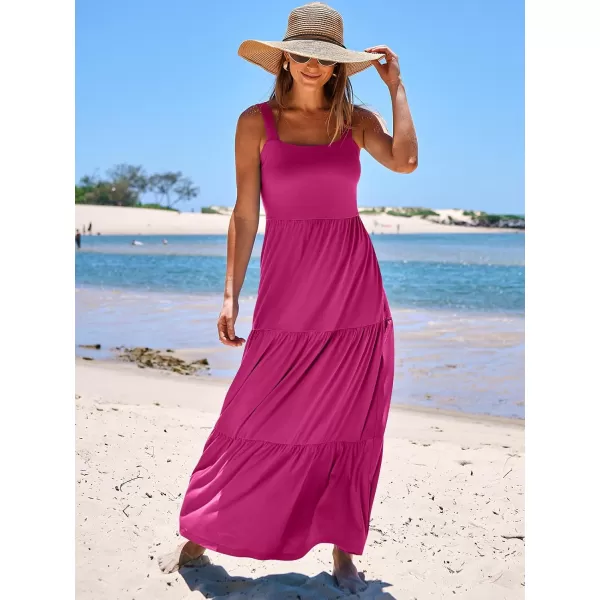 imageANRABESS Womens Summer Casual Long Maxi Beach Vacation Dresses Sleeveless Square Neck Flowy Tiered Sun Dress with PocketsRose Pink