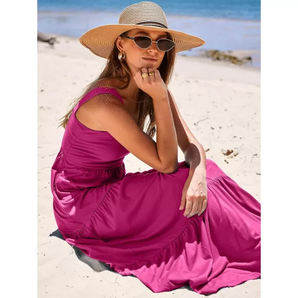 imageANRABESS Womens Summer Casual Long Maxi Beach Vacation Dresses Sleeveless Square Neck Flowy Tiered Sun Dress with PocketsRose Pink