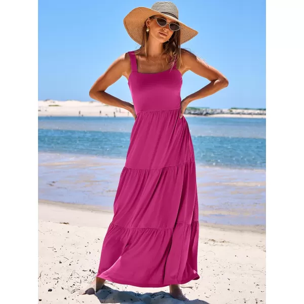 imageANRABESS Womens Summer Casual Long Maxi Beach Vacation Dresses Sleeveless Square Neck Flowy Tiered Sun Dress with PocketsRose Pink
