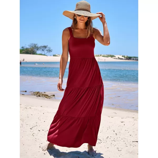 imageANRABESS Womens Summer Casual Long Maxi Beach Vacation Dresses Sleeveless Square Neck Flowy Tiered Sun Dress with PocketsWine Red