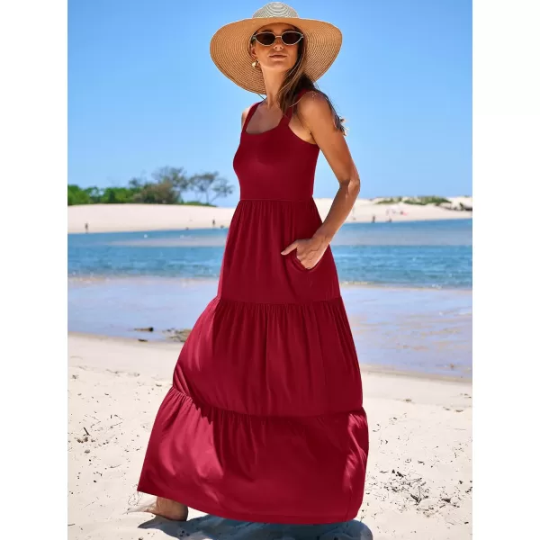 imageANRABESS Womens Summer Casual Long Maxi Beach Vacation Dresses Sleeveless Square Neck Flowy Tiered Sun Dress with PocketsWine Red