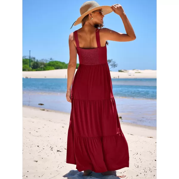 imageANRABESS Womens Summer Casual Long Maxi Beach Vacation Dresses Sleeveless Square Neck Flowy Tiered Sun Dress with PocketsWine Red