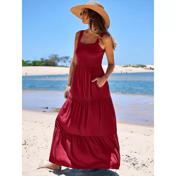imageANRABESS Womens Summer Casual Long Maxi Beach Vacation Dresses Sleeveless Square Neck Flowy Tiered Sun Dress with PocketsWine Red