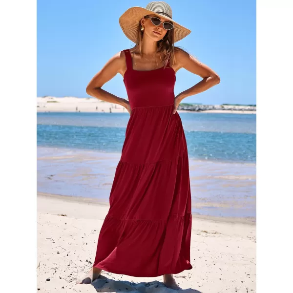 imageANRABESS Womens Summer Casual Long Maxi Beach Vacation Dresses Sleeveless Square Neck Flowy Tiered Sun Dress with PocketsWine Red