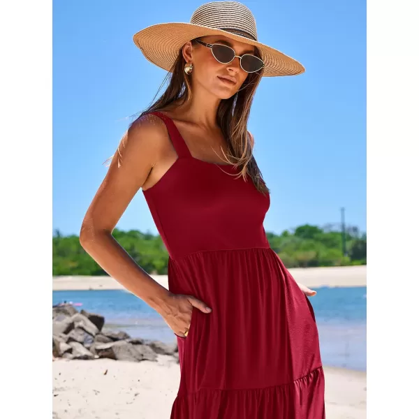 imageANRABESS Womens Summer Casual Long Maxi Beach Vacation Dresses Sleeveless Square Neck Flowy Tiered Sun Dress with PocketsWine Red