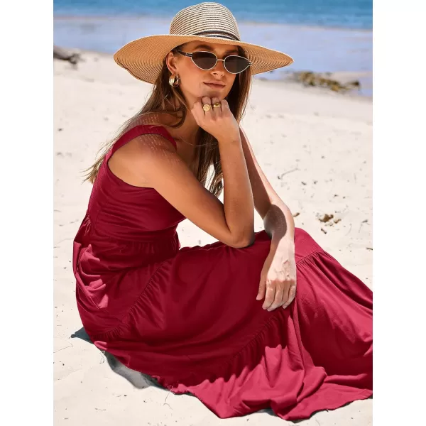 imageANRABESS Womens Summer Casual Long Maxi Beach Vacation Dresses Sleeveless Square Neck Flowy Tiered Sun Dress with PocketsWine Red
