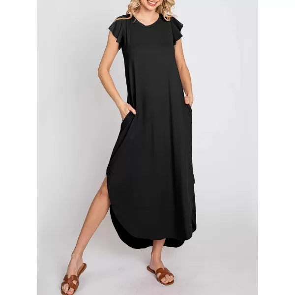 imageANRABESS Womens Summer Casual Loose Crewneck Ruffle Short Sleeves Split Beach Maxi Long Dress with PocketsBlack