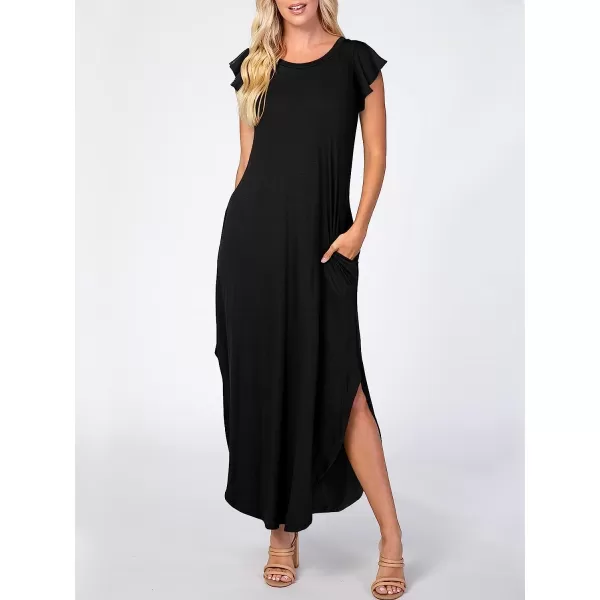 imageANRABESS Womens Summer Casual Loose Crewneck Ruffle Short Sleeves Split Beach Maxi Long Dress with PocketsBlack