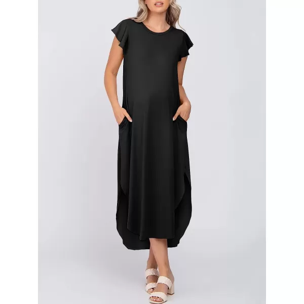 imageANRABESS Womens Summer Casual Loose Crewneck Ruffle Short Sleeves Split Beach Maxi Long Dress with PocketsBlack