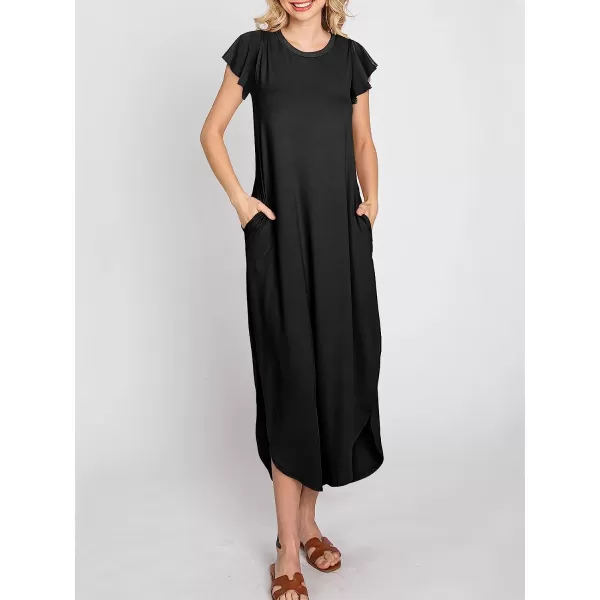 imageANRABESS Womens Summer Casual Loose Crewneck Ruffle Short Sleeves Split Beach Maxi Long Dress with PocketsBlack