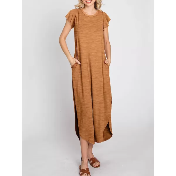 imageANRABESS Womens Summer Casual Loose Crewneck Ruffle Short Sleeves Split Beach Maxi Long Dress with PocketsBrown
