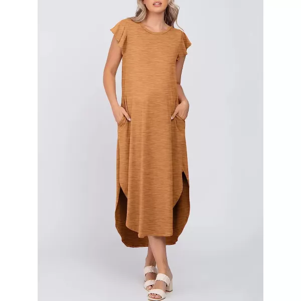 imageANRABESS Womens Summer Casual Loose Crewneck Ruffle Short Sleeves Split Beach Maxi Long Dress with PocketsBrown