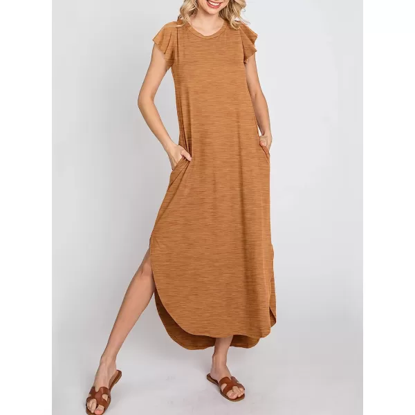 imageANRABESS Womens Summer Casual Loose Crewneck Ruffle Short Sleeves Split Beach Maxi Long Dress with PocketsBrown