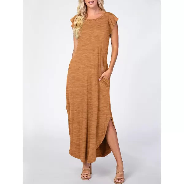 imageANRABESS Womens Summer Casual Loose Crewneck Ruffle Short Sleeves Split Beach Maxi Long Dress with PocketsBrown