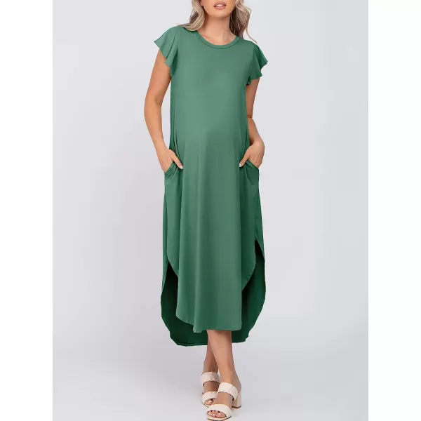 imageANRABESS Womens Summer Casual Loose Crewneck Ruffle Short Sleeves Split Beach Maxi Long Dress with PocketsGrass