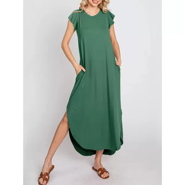 imageANRABESS Womens Summer Casual Loose Crewneck Ruffle Short Sleeves Split Beach Maxi Long Dress with PocketsGrass