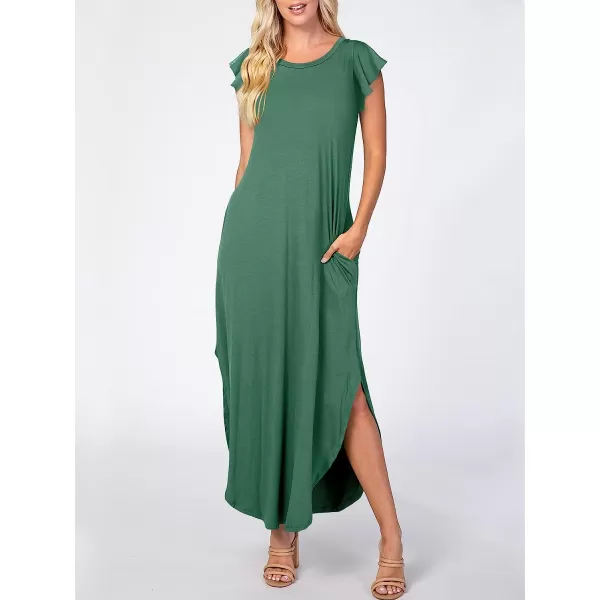 imageANRABESS Womens Summer Casual Loose Crewneck Ruffle Short Sleeves Split Beach Maxi Long Dress with PocketsGrass