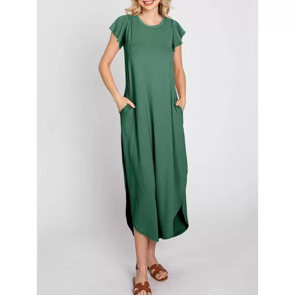 imageANRABESS Womens Summer Casual Loose Crewneck Ruffle Short Sleeves Split Beach Maxi Long Dress with PocketsGrass