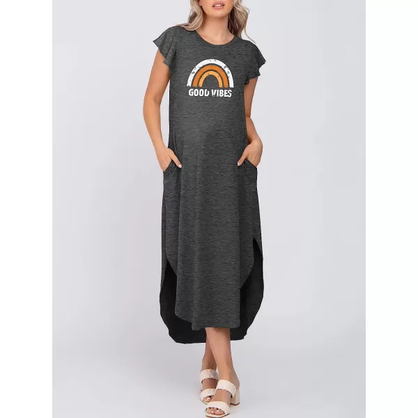 imageANRABESS Womens Summer Casual Loose Crewneck Ruffle Short Sleeves Split Beach Maxi Long Dress with PocketsGrey Rainbow