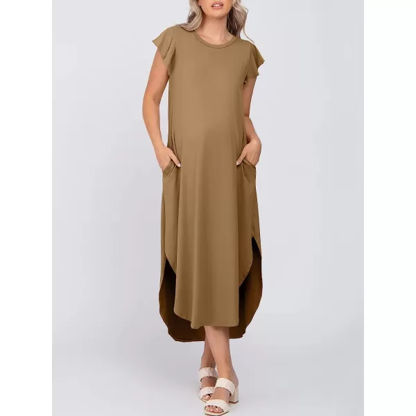 imageANRABESS Womens Summer Casual Loose Crewneck Ruffle Short Sleeves Split Beach Maxi Long Dress with PocketsKhaki