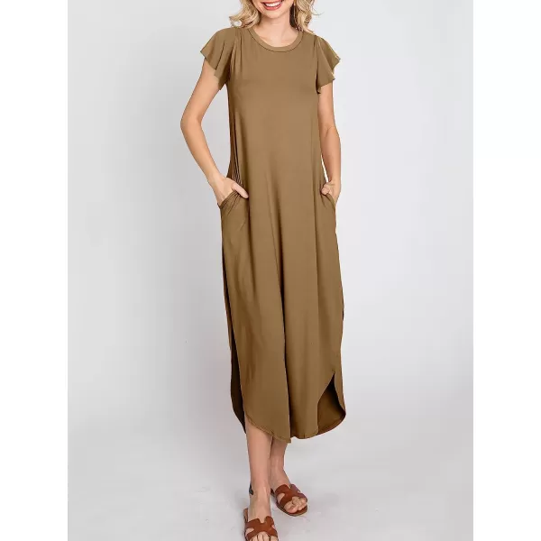 imageANRABESS Womens Summer Casual Loose Crewneck Ruffle Short Sleeves Split Beach Maxi Long Dress with PocketsKhaki
