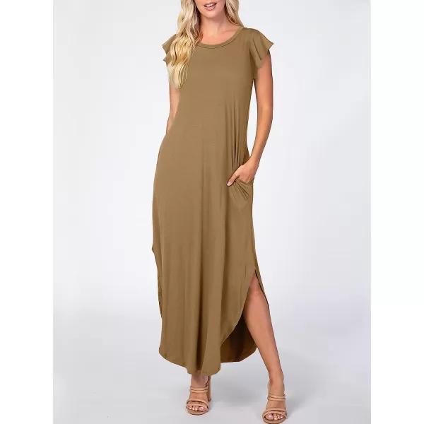 imageANRABESS Womens Summer Casual Loose Crewneck Ruffle Short Sleeves Split Beach Maxi Long Dress with PocketsKhaki