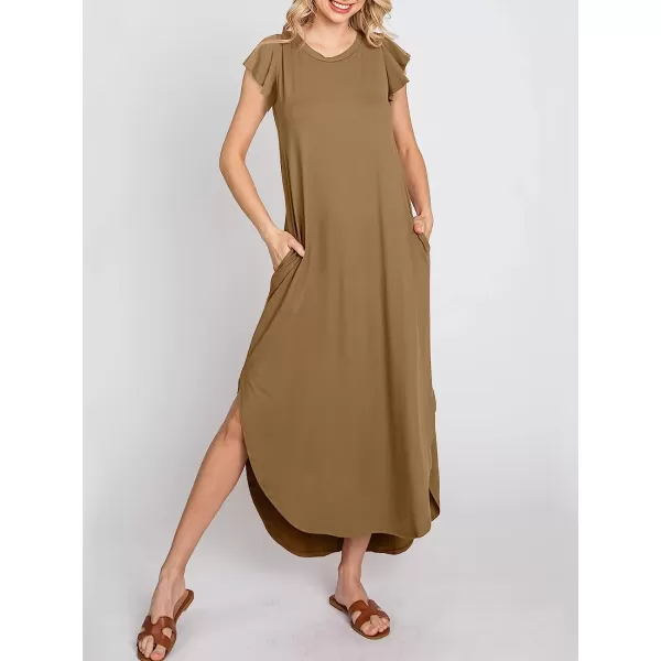 imageANRABESS Womens Summer Casual Loose Crewneck Ruffle Short Sleeves Split Beach Maxi Long Dress with PocketsKhaki