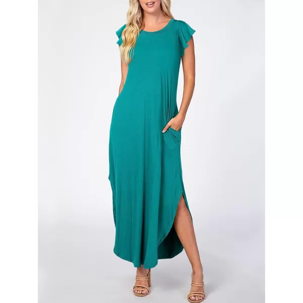 imageANRABESS Womens Summer Casual Loose Crewneck Ruffle Short Sleeves Split Beach Maxi Long Dress with PocketsLake