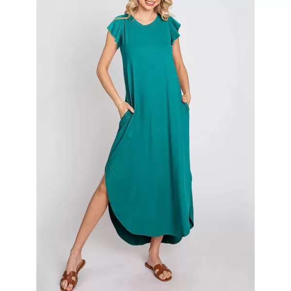 imageANRABESS Womens Summer Casual Loose Crewneck Ruffle Short Sleeves Split Beach Maxi Long Dress with PocketsLake