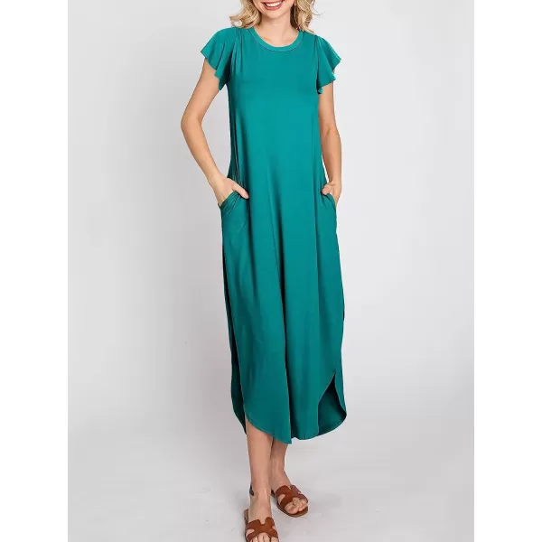imageANRABESS Womens Summer Casual Loose Crewneck Ruffle Short Sleeves Split Beach Maxi Long Dress with PocketsLake