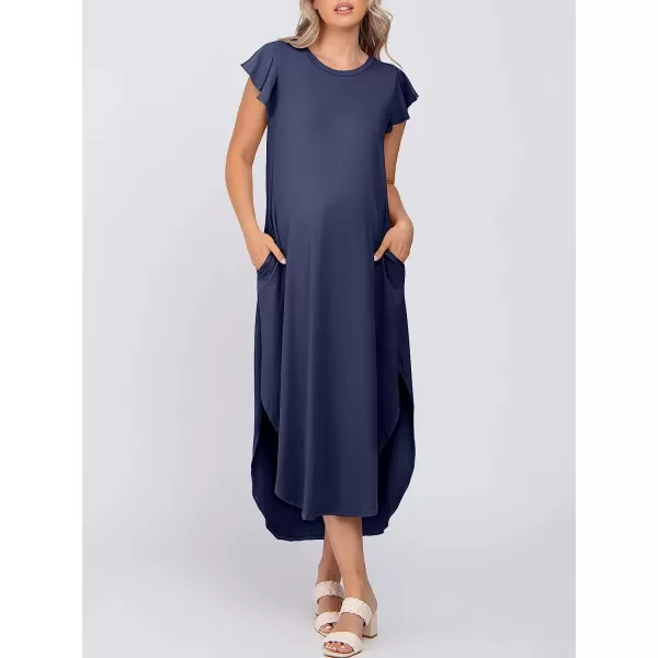 imageANRABESS Womens Summer Casual Loose Crewneck Ruffle Short Sleeves Split Beach Maxi Long Dress with PocketsNavy Blue