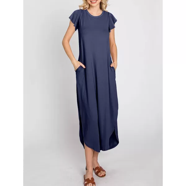 imageANRABESS Womens Summer Casual Loose Crewneck Ruffle Short Sleeves Split Beach Maxi Long Dress with PocketsNavy Blue