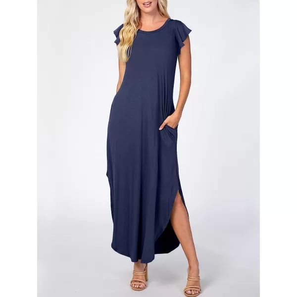 imageANRABESS Womens Summer Casual Loose Crewneck Ruffle Short Sleeves Split Beach Maxi Long Dress with PocketsNavy Blue