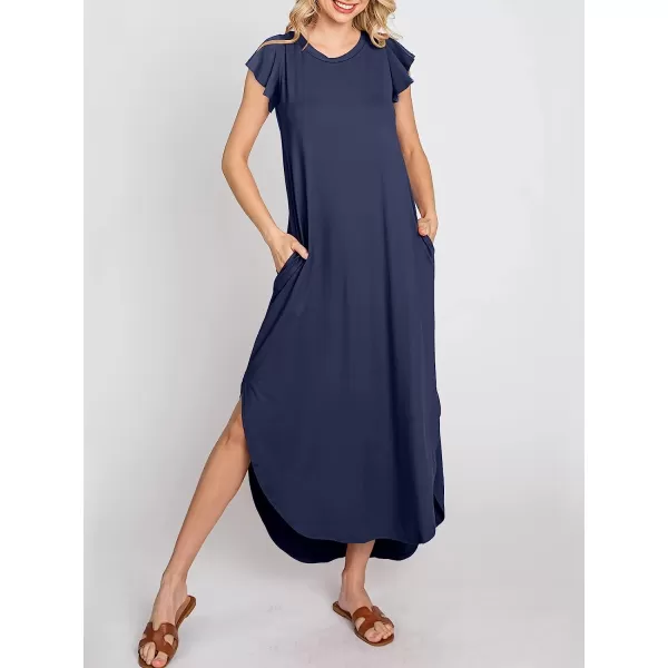 imageANRABESS Womens Summer Casual Loose Crewneck Ruffle Short Sleeves Split Beach Maxi Long Dress with PocketsNavy Blue