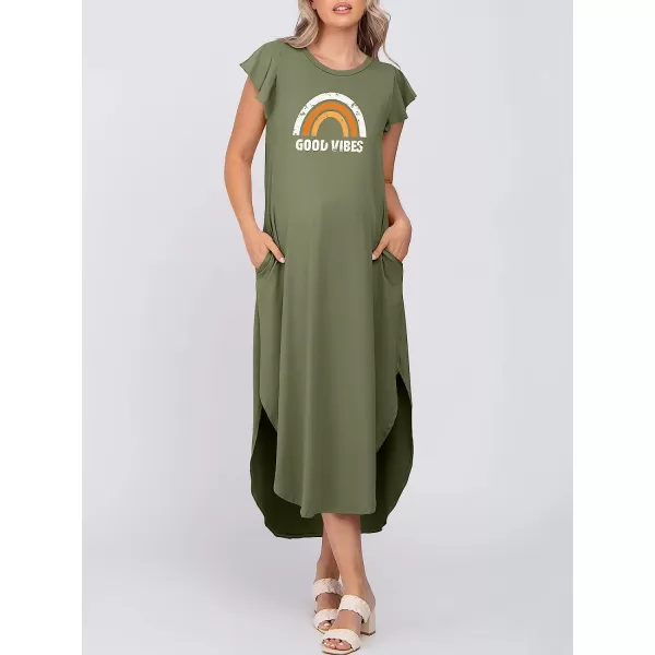 imageANRABESS Womens Summer Casual Loose Crewneck Ruffle Short Sleeves Split Beach Maxi Long Dress with PocketsOlive Rainbow