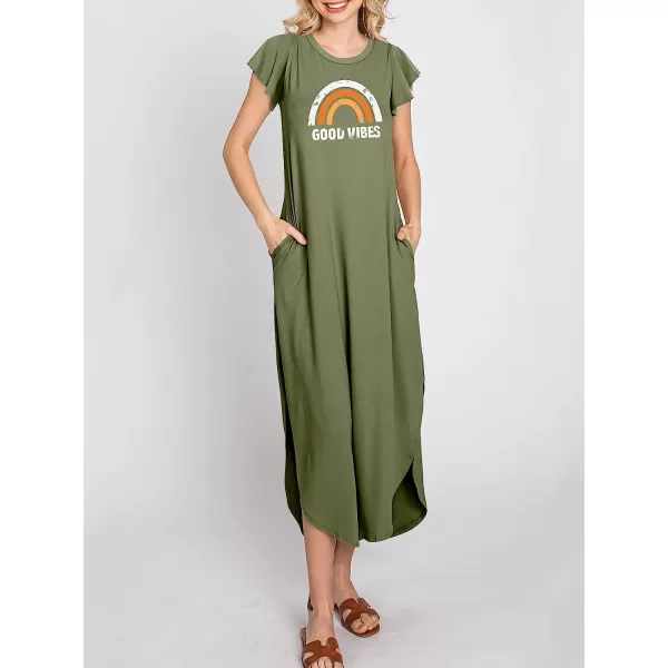imageANRABESS Womens Summer Casual Loose Crewneck Ruffle Short Sleeves Split Beach Maxi Long Dress with PocketsOlive Rainbow