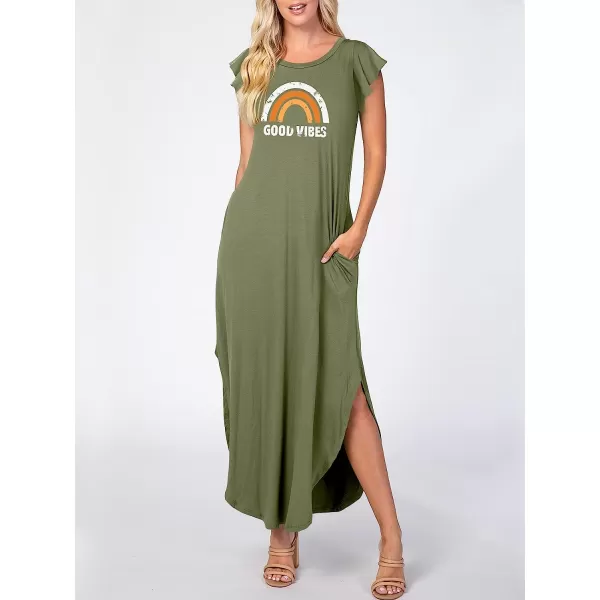imageANRABESS Womens Summer Casual Loose Crewneck Ruffle Short Sleeves Split Beach Maxi Long Dress with PocketsOlive Rainbow