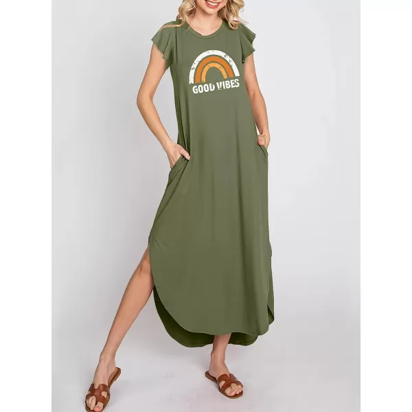 imageANRABESS Womens Summer Casual Loose Crewneck Ruffle Short Sleeves Split Beach Maxi Long Dress with PocketsOlive Rainbow