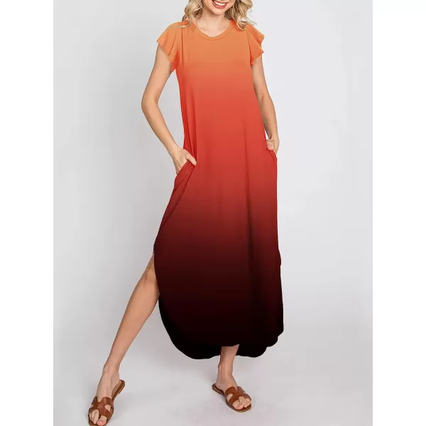 imageANRABESS Womens Summer Casual Loose Crewneck Ruffle Short Sleeves Split Beach Maxi Long Dress with PocketsOrange Black