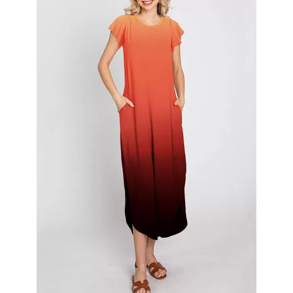 imageANRABESS Womens Summer Casual Loose Crewneck Ruffle Short Sleeves Split Beach Maxi Long Dress with PocketsOrange Black